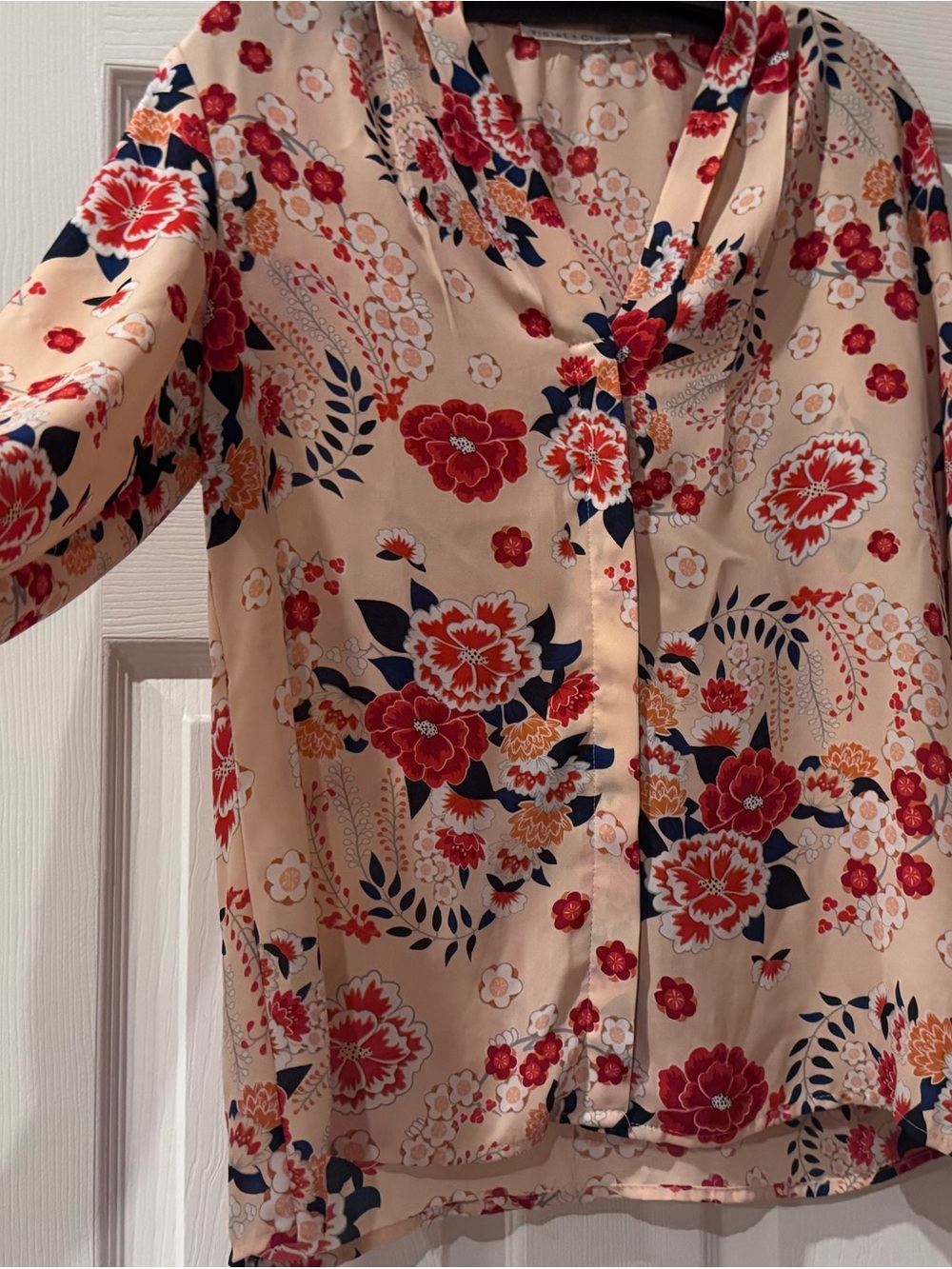 Violet & Claire Beige Blouse with Red & Navy Floral Print